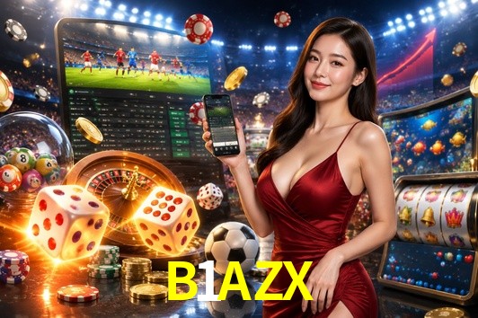 Una escena digital vívida inspirada en casino con B1AZX mostrado prominentemente, luces brillantes, fichas, cartas y acentos dorados.