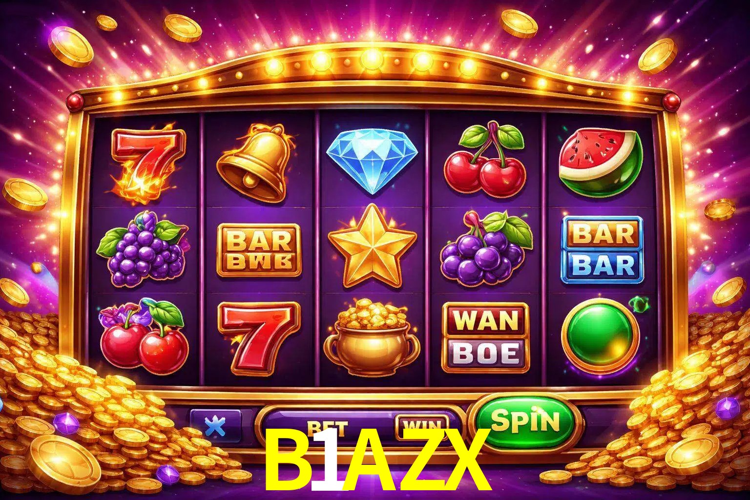 Una interfaz colorida de tragamonedas en línea con símbolos brillantes, monedas y un efecto de victoria celebratoria en B1AZX.